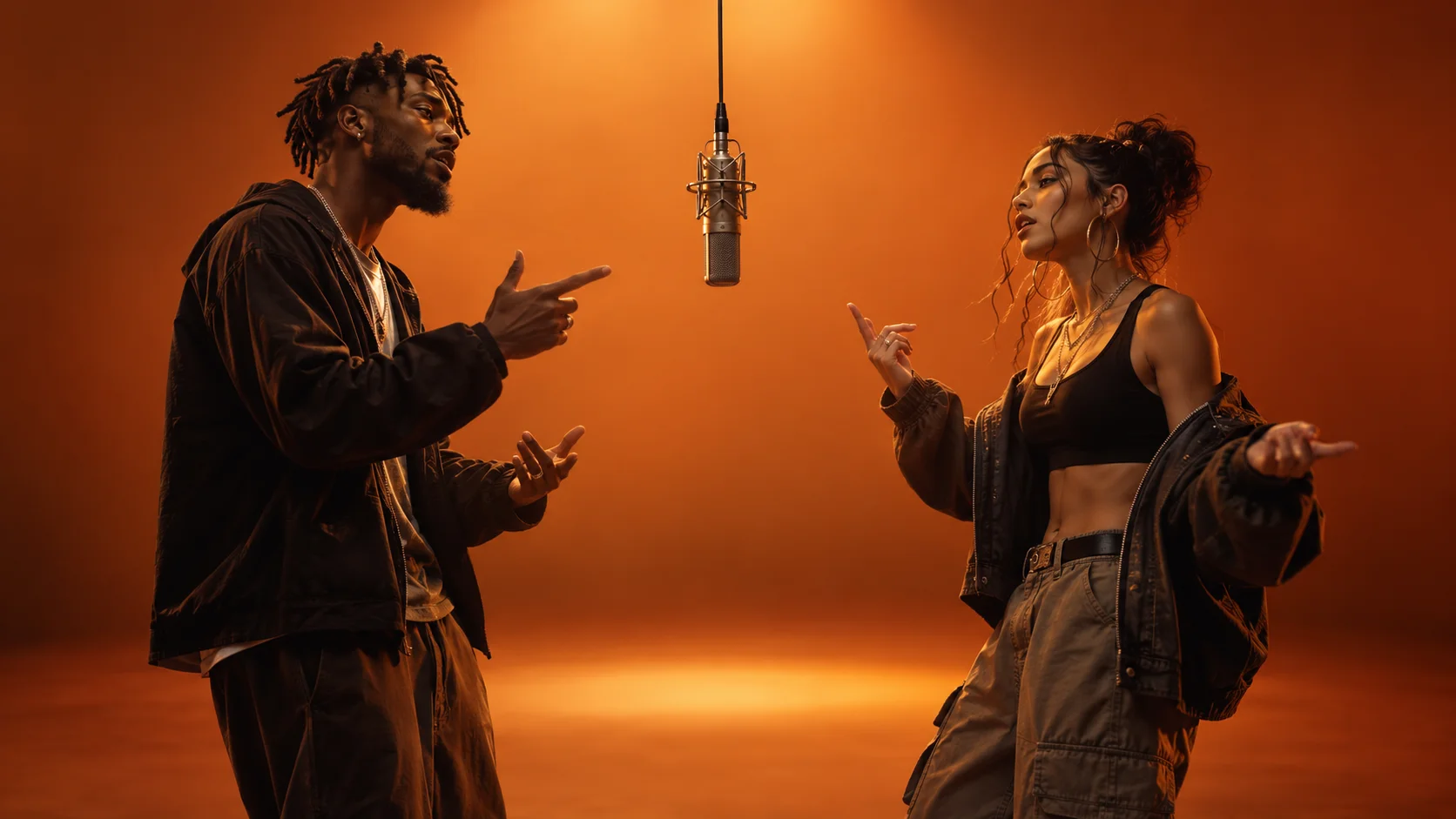 Two fictional performers in an orange recording studio