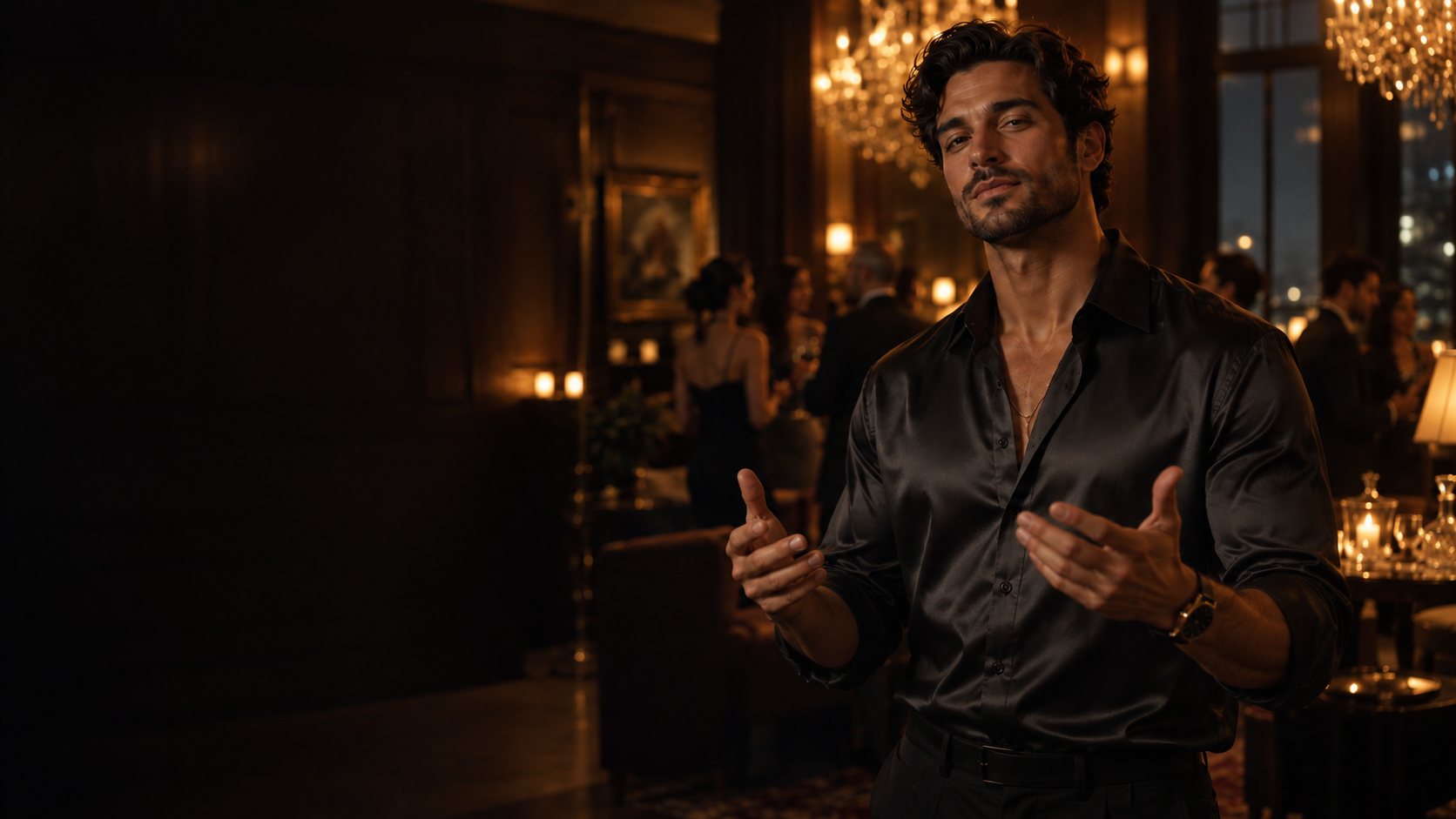Fictional performer gesturing at an evening party